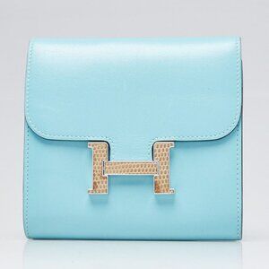 Hermes Blue Atoll Tadelakt Leather and Lizard Constance H Compact Wallet